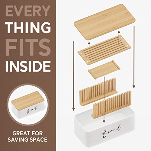 Nature Supplies | White Bread Box For Kitchen Countertop With Professional Cutter Guide | Farmhouse Bread Bin & Bamboo Bread Slicer Set | Metal Bread Box With Cutting Board For Bread, Bagel, Loaf #TOP5