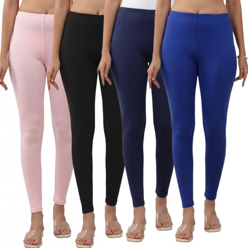 Image of Volex Women and Girls Full Length Leggings | Cotton Spandex /Elastane 4 Way Stretchable | Casual Slim fit Ultra Soft Leggings-Pack of 4