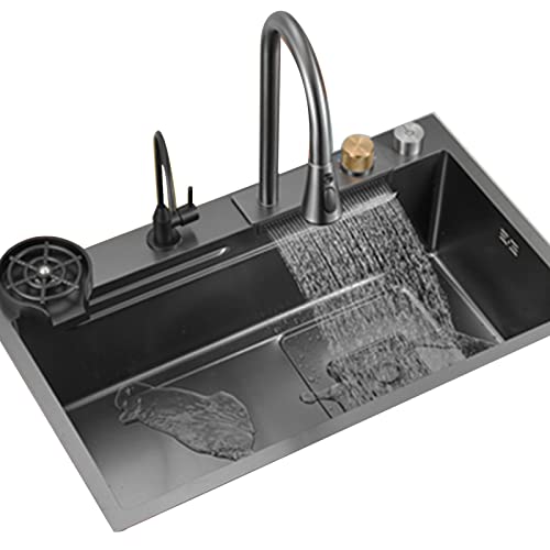 Évier En Acier Inoxydable Avec Bec Cascade Évier De Cuisine Noir Évier Épais À Une Cuve Avec Lave-gobelet Complet Avec Accessoires. (Color : Nero, S : 80x45cm)