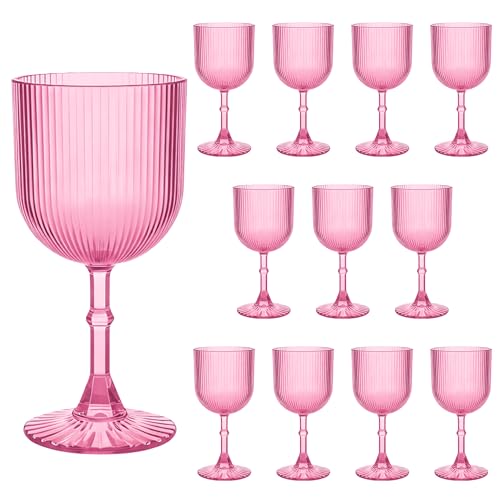 LEYIQU 12PCS Plastic Wine Glasses 9 oz Pink Ribbed Acrylic Water Goblets