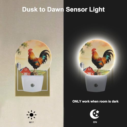 Image of Golden Rooster Night Light Crowing Rooster on Fence Night Lights Plug into Wall for Boys Girls, Plug-in Nightlight 0.5W LED Lighting for Stairway Hallway Bedroom