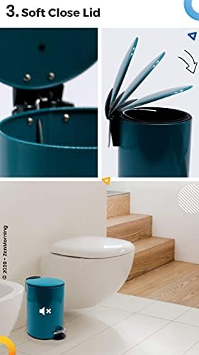 ZenMorning Bathroom Bin Pedal Bin with Stylish Design, Soft Close Lid & Carry Handle Removable Inner Small Bin Anti-Fingerprint Turquoise Finish, 3L, 17cm x H. 24cm