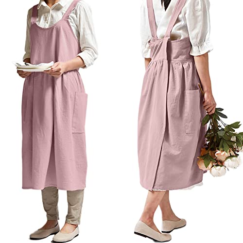 NEWGEM Japanese Cotton Cross Back Smock Apron for Women with Pockets Pink by NEWGEM - Used condition - US$16.05