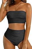 Talisea High Waisted Bandeau Bikini Set - Women Strapless Two Piece Swimsuits Ribbed Longline Full Coverage Bathing Suits Swimwear Black
