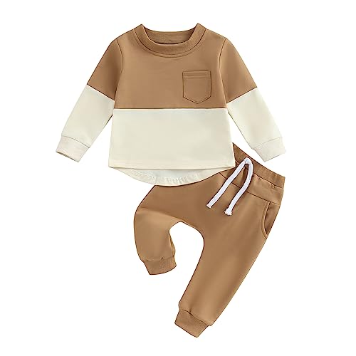 Carolilly Ensemble Vêtement Bébé Garçon de 2 Pcs, T-Shirt + Pantalon ou Shorts Taille Elastique avec Poches, Café Blanc A, 18-24 mois, Taille fabriquant 100