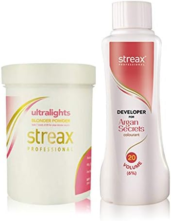 Streax Professional Streax Ultralight, Highlights Blonder Powder 350 Gm + Argan Secrets Developer Volume 20 (6%) 250Ml - Blonde