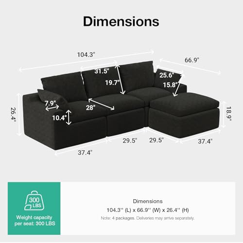 Image of Novilla 104.3 inch Modular Cloud Couch, Modern Sectional Sofa with Smarts Coil Support, Chenille Fabric, Upholstered Couch for Living Room Apartments Bedroom, No Assembly, 3 Seater + 1 Ottoman, Dark Grey