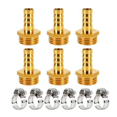 6 Piezas Conector de Manguera de Latón con Rosca Exterior de 1/2" y Púas de 10 mm, Incluye 6 Unidades Abrazaderas, Adaptador Manguera para Agua, Aire, Gas, Aceite, Lavadoras, Jardín y Uso Doméstico