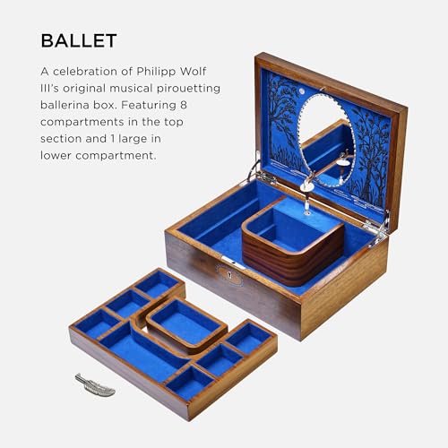 WOLF Ballet Musical Jewelry Box, Walnut Wood - 9 Compartments, Scalloped Edged Interior Mirror & Two Ballet Dancers - Tchaikovsky\'s Swan Lake Music - Anti-Tarnish LusterLoc Lining