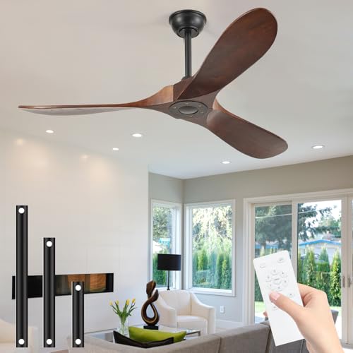 Image of 52'' Solid Real Wood Ceiling Fan no Light,DC Motor 6 Speeds Adjustable with Large Airflow,Outdoor Ceiling Fan Dark Walnut Finished for Garage,Gazebo,Living Room,Bedroom