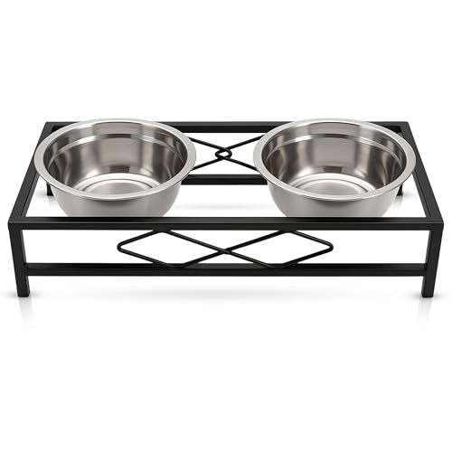 QUINTORIZZONTE Ciotole Rialzate per Cani con Struttura in Metallo – Doppia Ciotola Acciaio Inox Estraibile 38×18×10,5 cm, Design Elegante e Igienico