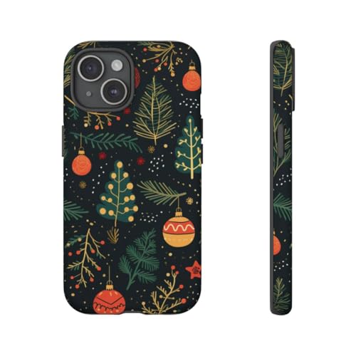 Coque iPhone 15 rigide mate noire anti-rayures motif branches de pin Noël élégant
