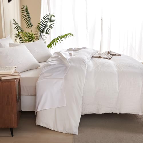 Image of White Striped Comforter Set Queen - 3 Pieces Bedding Comforter Set for All Season, Soft Lightweight Washed Microfiber, 1 Striped Comforter and 2 Pillowcases (White, Queen Size)