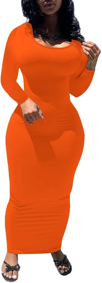 PINSV Womens Bodycon Maxi Dress Basic Scoop Neck Long Sleeve Casual Long wrap Maxi Dresses for Women