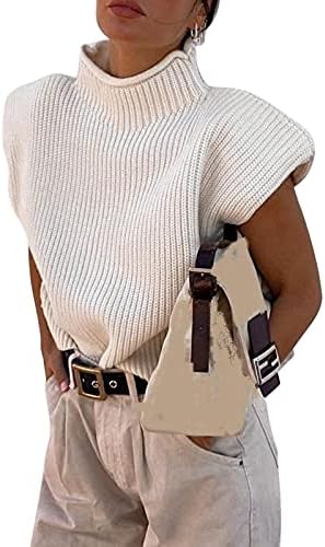 Argeousgor Women Solid Color Knit Sweater Vest High Neck Shoulder Pads Sleeveless Knitted Tank Top Casual Pullover Knitwear