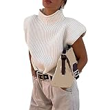 Argeousgor Women Solid Color Knit Sweater Vest High Neck Shoulder Pads Sleeveless Knitted Tank Top C