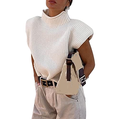 Argeousgor Women Solid Color Knit Sweater Vest High Neck Shoulder Pads Sleeveless Knitted Tank Top Casual Pullover Knitwear #TOP15