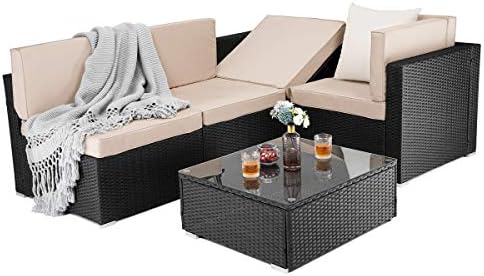 PAMAPIC 5 Pieces Patio Furniture,Outdoor Rattan Sectional Sofa Conversation Set with Tea Table and Washable Cushions, Beige