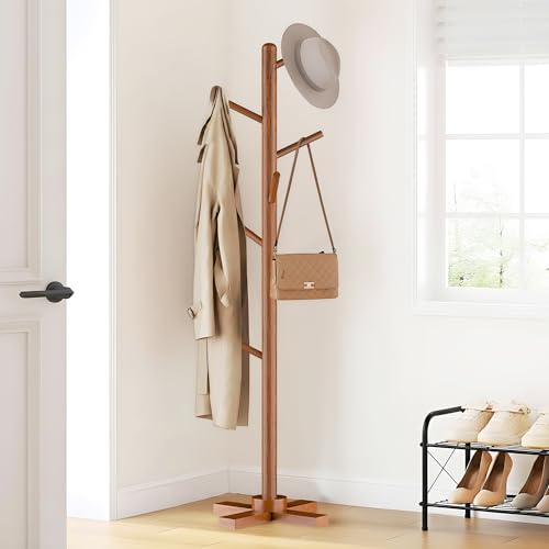 Image of Kuber Industries Wooden Freestanding Coat Hanger with 6 Hooks | Multipurpose Hanging Pole Rack Clothes Shelf | Ideal for Scarf, Bags & Hat | Brown