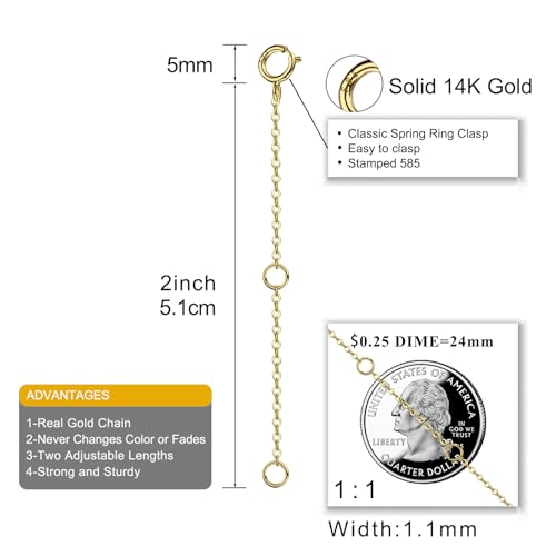 Image of 14K Solid Gold Necklace Extender Real Bracelet Extender 2 3 4 Inch Durable Adjustable Chain Gold Anklets Extension for Women 2 inch 3 inch 4 inch (14K Yellow Gold-2 IN)