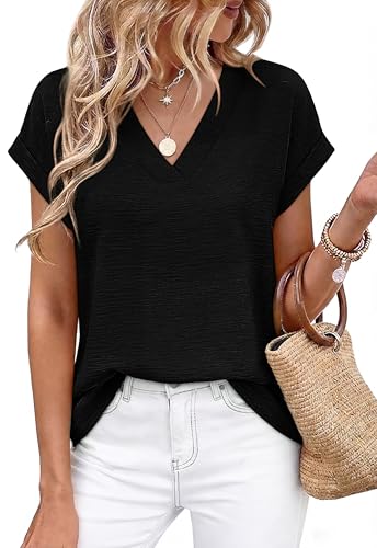 WIHOLL Womens Blouses Dressy Casual Classic V Neck Rolled Sleeve Business Casual Outfits Work Shirts for Women Summer Tops 2026 Loose Fit Spring Fashion Clothing Black L