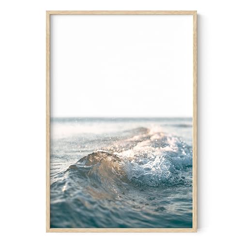 HAUS AND HUES Ocean Wall Art and Wave Poster - Wave Posters and Beach Art, Ocean Wall Decor, Beachy Decorations, Home Decor Waves Poster (Beige Frame, 24x36)