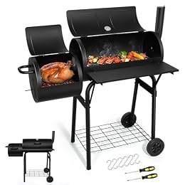 Joyfair Charcoal Grill with Offset Smoker, Camping Barbecue Grill with Side Fire Box for Outdoor BBQ Smoking/Backyard Party Grilling, Thick Iron Steel & Dual Chamber Design, Thermometer & Chimney