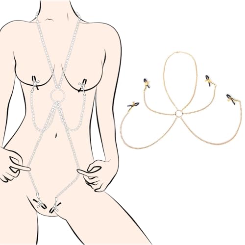 Nipple Clamps with Chain Necklace,Adjustable Nipple Clamps for Men and Women,Breast Clamps Screw Clip, Stainless Steel Non Piercing Nipple Rings Decorative Clip,Fashion Accessories (Golden)