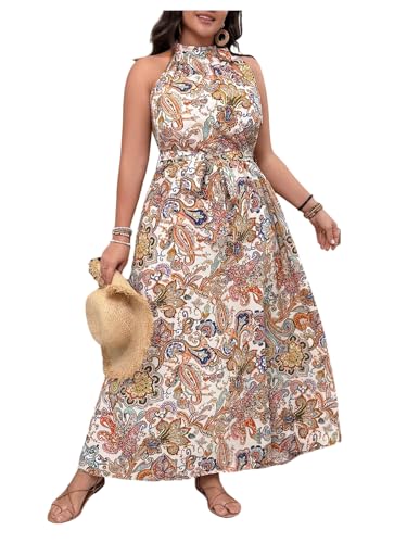 Image of Floerns Women's Plus Size Boho Sleeveless Halter Neck Tie Back A Line Long Dress