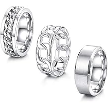 ORAZIO Mens Rings 3Pcs Silver Rings for Men Women Stainless Steel Plain Band Ring Cuban Link Chain Rings Spinner Ring Mens Promise Wedding Rings Set,Size 6-14