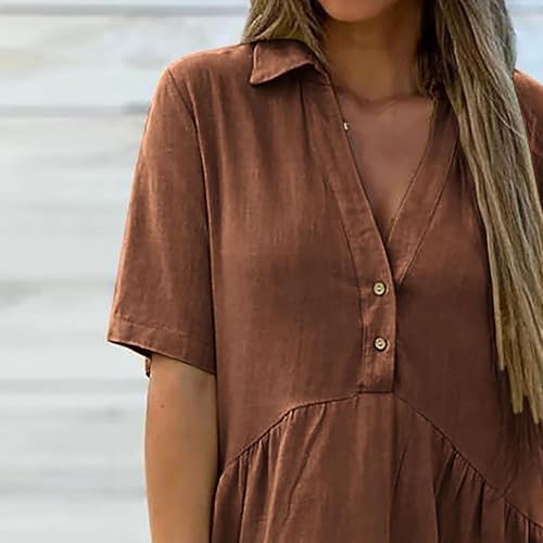 Frostluinai Sun Dresses Women Trendy 2026 Womens Cotton Linen Dresses Summer Casual Loose Fit Sundress V Neck Button Down Short Sleeve Mini Dress Coffee — view 8