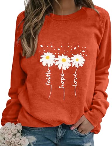 EADINVE Women Daisy Print Sweatshirts Crewneck Long Sleeve Pullover Tops