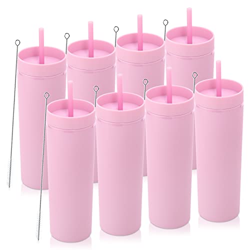Volhoply 20oz Tumbler with Lid and Straw 8 Pack,Double Wall Clear Plastic Skinny Tumblers Bulk,Reusable Travel Cute Coffee Mug,Acrylic Water Cups With Straw Cleaner for Drinks,Party,Gifts(Pink,8 Set