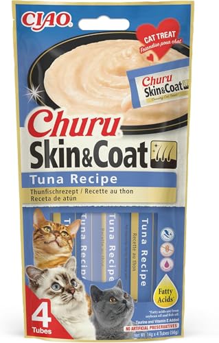 Churu Skin & Coat di INABA Cat Treat – Tonno – 1 confezione (4 x 14 g totali) / Soft & Creamy Cat Treat, delizioso & Healthy Snack, Purée Food Topper, naturale, senza cereali