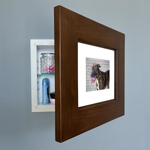 Fox Hollow Furnishings 14x11 Concealed Picture Frame Medicine Cabinet Without Mirror for Bathroom, Recessed in The Wall, Made in North America, Real Wood, NO MDF, Adjustable Shelves, Hidden, Caramel