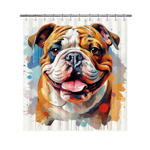 Ganshan Bi Lovely English Bulldog Dog Shower Curtain Colorful Painting Dog Puppy Pet Animal Print Bath Curtains for Bathroom Home Decoration with 12 Hooks 72x80 Inch White Style 4