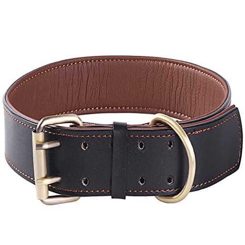 Dickes Weiches Hundehalsband aus Echtem Leder, Verstellbares Heavy Duty für Kleine Mittelgroße und Extra Große Hunderassen (Schwarz) (XL) Cover