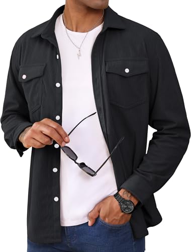 MAGCOMSEN Corduroy Shirt Men's Casual Long Sleeve Shirt Lightweight Shirts Jackets for Men Overshirts with Flap Pockets Black