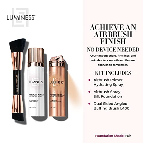 Luminess Silk Airbrush Spray Foundation Makeup Starter Kit - Full Coverage Foundation, Primer & Dual-Sided Buffing Brush - Buildable Coverage, Anti-Aging Formula Hydrates & Moisturizes (Shade - Fair) #TOP1