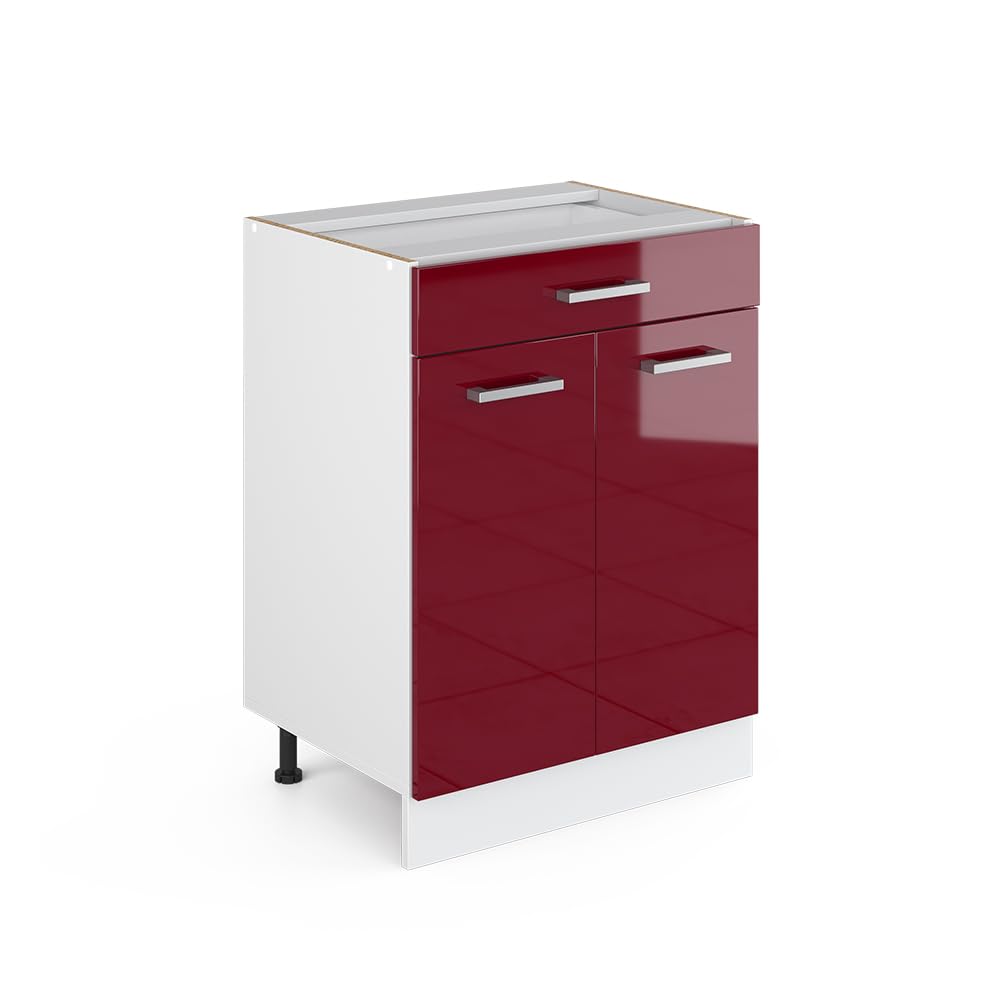 Vicco Unterschrank R-Line, Bordeaux Hochglanz, 60 cm mit Schubladen, ohne Arbeitsplatte, geeignet zur platzsparenden Aufbewahrung in Küchenzeilen