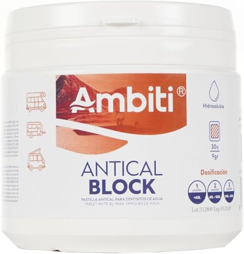 Ambiti | Antical Block | Tabletas para Eliminar y Prevenir la Cal en Depósitos de Agua Limpia, Grises y Grifos | Fragancia Canela | Mejora la Calidad del Agua | 30 Pastillas de 9 gr