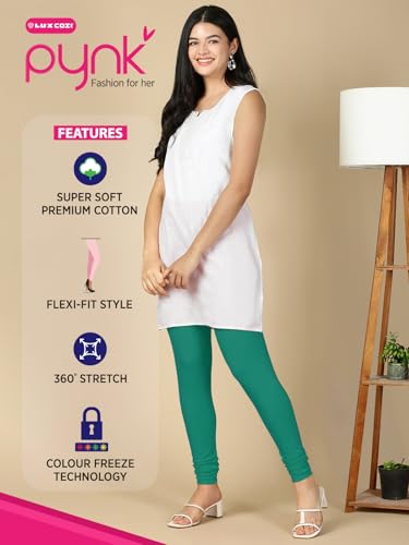 Image of Lux Cozi PYNK Solid Premium Cotton Lycra Churidar Leggings for Women | Regular Fit Elastic Waist Full Length Women Leggings | Free Size