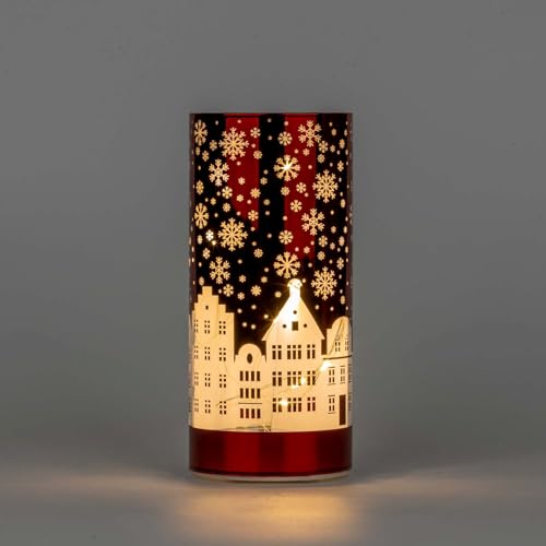 SHATCHI 17cm Christmas Decorated Vase Table Lamp Etched Glass Tube Xmas Red Cylinder LED Fairy Lights Battery Operated Table Decoration