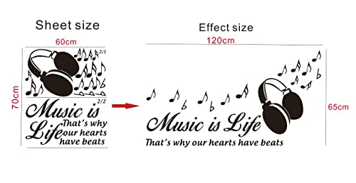 Removable Vinyl Music Wall Decal Heaphone Music Notes Home Decoration Motivate Quote Music Is Life Bedroom Home Decor Mural Tm-116 (Black) #TOP2