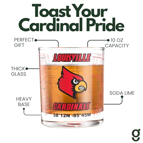 Image of Greenline Goods University of Louisville Cardinals Whiskey Glasses Set of 2, 10 oz Rocks Glasses with Full-Color Logo & Campus Map - Officially Licensed Bourbon Glass Gift for Alumni & Fans