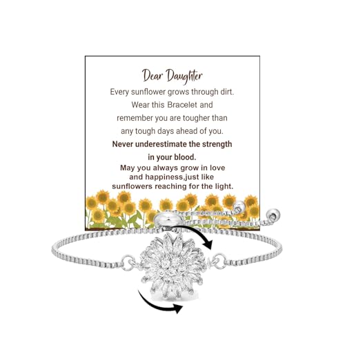 LIU JUN To My Daughter-Sunflower Mood Bracelet for Women, Adjustable Rhinestone Sparkly Spinning Flowers Anxiety Wrist Bracelets Sunflowers Statement Worry Relieving Gift Jewelry
