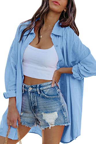 Image of FSHAOES Womens Oversized Button Down Shirts Casual Loose Long Sleeve Solid Lapel Long Blouses Tops with Pockets