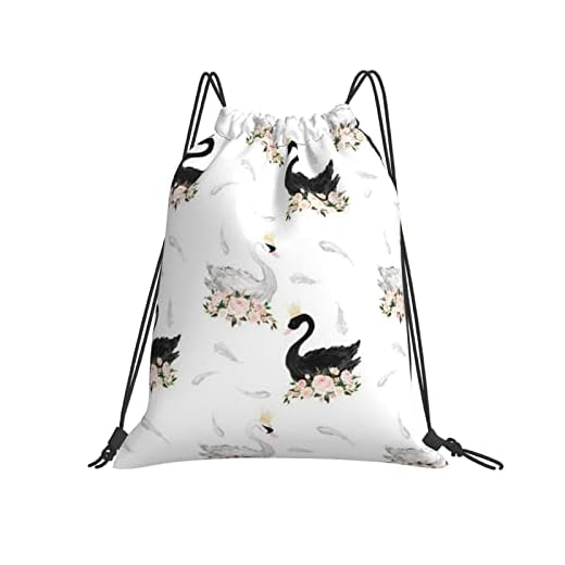 Dragsko väska svart vit svan fjädrar sträng simning väska premium dragkedja ficka vikbar barn gym påse för pojkar resa gym 36 x 42 cm