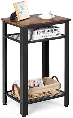 COSTWAY Industrial Side Table, 3-Tiers Rustic Storage Organiser Display Stand with Metal Mesh Shelves, Home Office Living Room Bedroom Nightstand Sofa Table