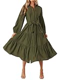MASCOMODA Womens Dresses 2025 Fall Long Sleeve Midi Dress Casual V Neck Button Down Tiered Flowy Aline Tie Waist Shirt Dress(Army Green,Large)